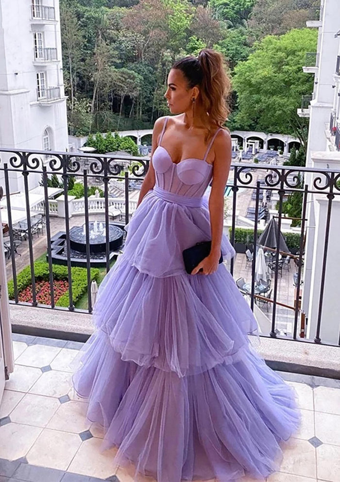 Spaghetti Straps Tulle Prom Dress 2025 Tiered Skirt