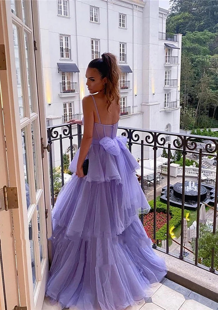 Spaghetti Straps Tulle Prom Dress 2025 Tiered Skirt