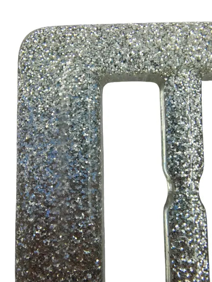 Ani Accessories Square resin buckle designed with dazzling silver sparkle, corner image of the buckle in a white background.