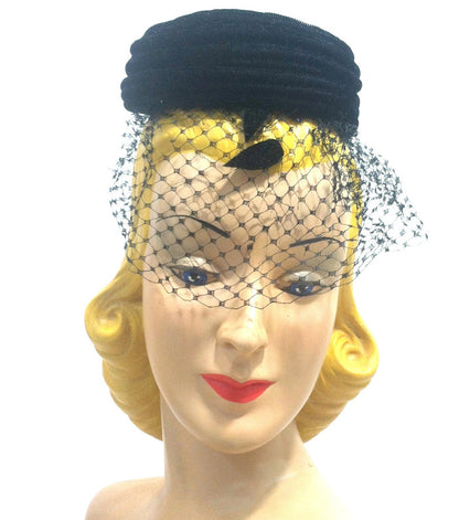 Spiral Swirl Black Velvet Cocktail Hat w/ Veil and Appliques circa 1960s Dorothea's Closet Vintage Hat