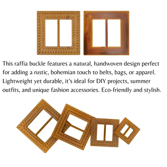 Ani Accessories Square Shape Imitation Raffia buckles with text describing their use and features on a white background