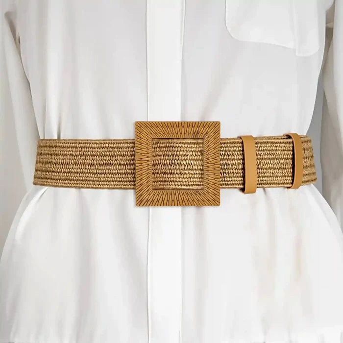 Ani Accessories Square Shape Imitation Raffia buckle with a woven belt on a model  plain White shirt in a white background