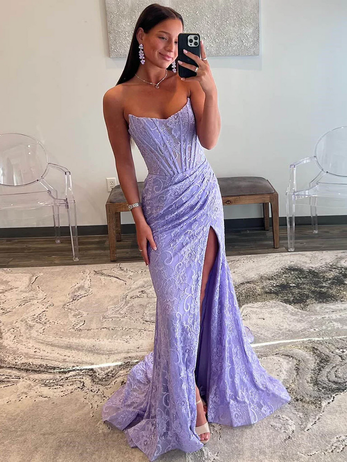 Strapless Lilac Prom Dress 2025 with Slit