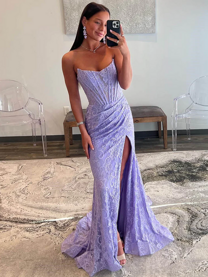 Strapless Lilac Prom Dress 2025 with Slit