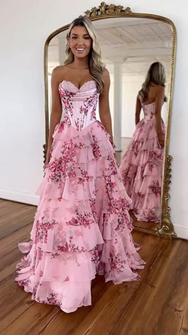 Strapless Pink Floral Prom Dress 2025 Corset with Slit