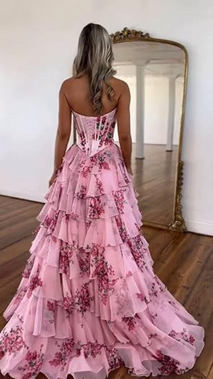 Strapless Pink Floral Prom Dress 2025 Corset with Slit