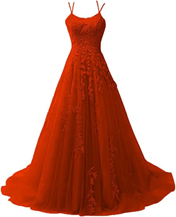 Tangerine Prom Dress 2023 Spaghetti Straps Lace Appliques Tulle Corset Back