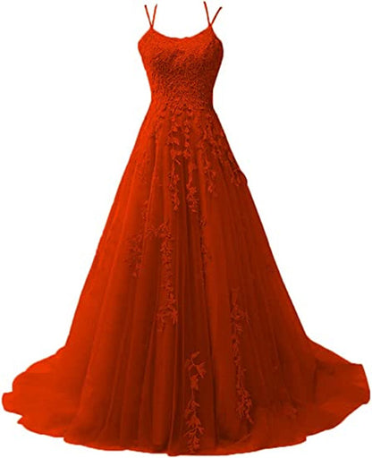 Tangerine Prom Dress 2023 Spaghetti Straps Lace Appliques Tulle Corset Back