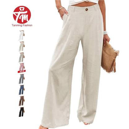 Tanming Womens Cotton Linen Pants Casual Wide Leg Summer Trousers
