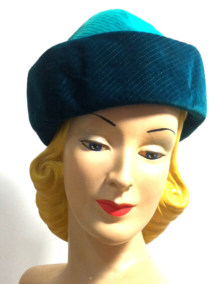Teal and Turquoise Velvet Sculpted Velvet Hat circa 1960s Dorothea's Closet Vintage Hat