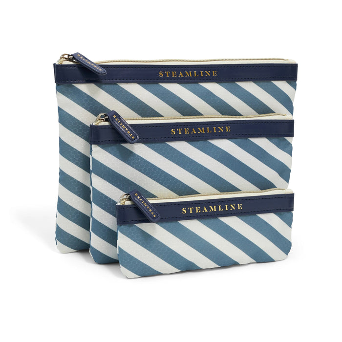 set of three blue stripe cosmetic cases