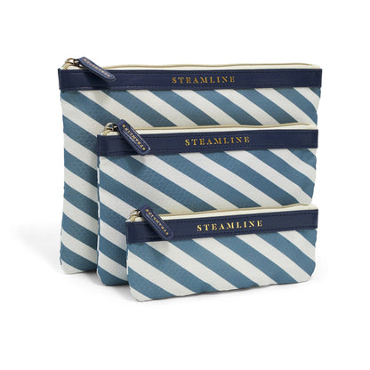 set of three blue stripe cosmetic cases