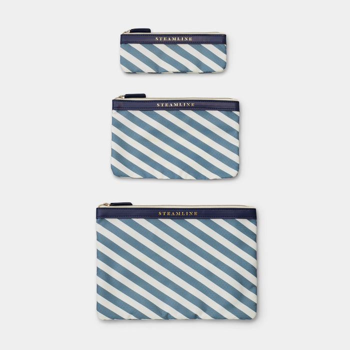 three different sizes of the blue stripe cosmetic cases