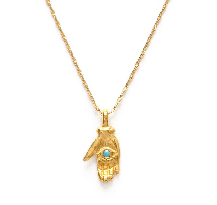 Tiny Mystic Hand Necklace: Gold/Turq