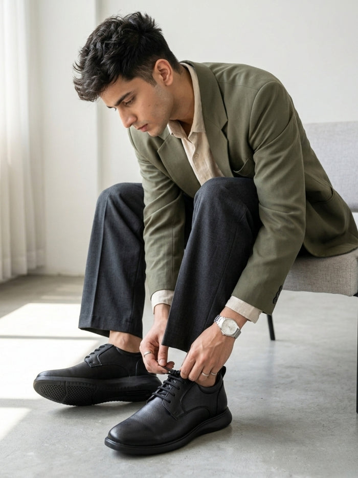 TokyoSole Vertex Black Leather Derby Shoes for Men (HRLFR006BLK)