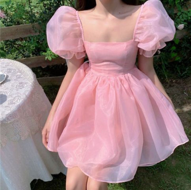 Trendy Homecoming Dress 2024 Pink Organza with Short Sleeves