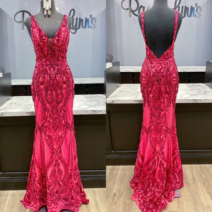 Trendy Prom Dress 2024 V Neck Sequin Open Back
