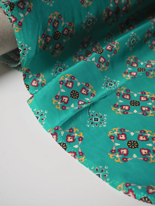 Turquoise Geometric Viscose Crepe De Chine
