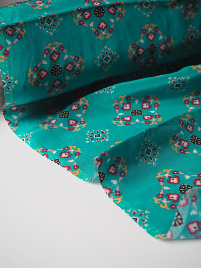 Turquoise Geometric Viscose Crepe De Chine