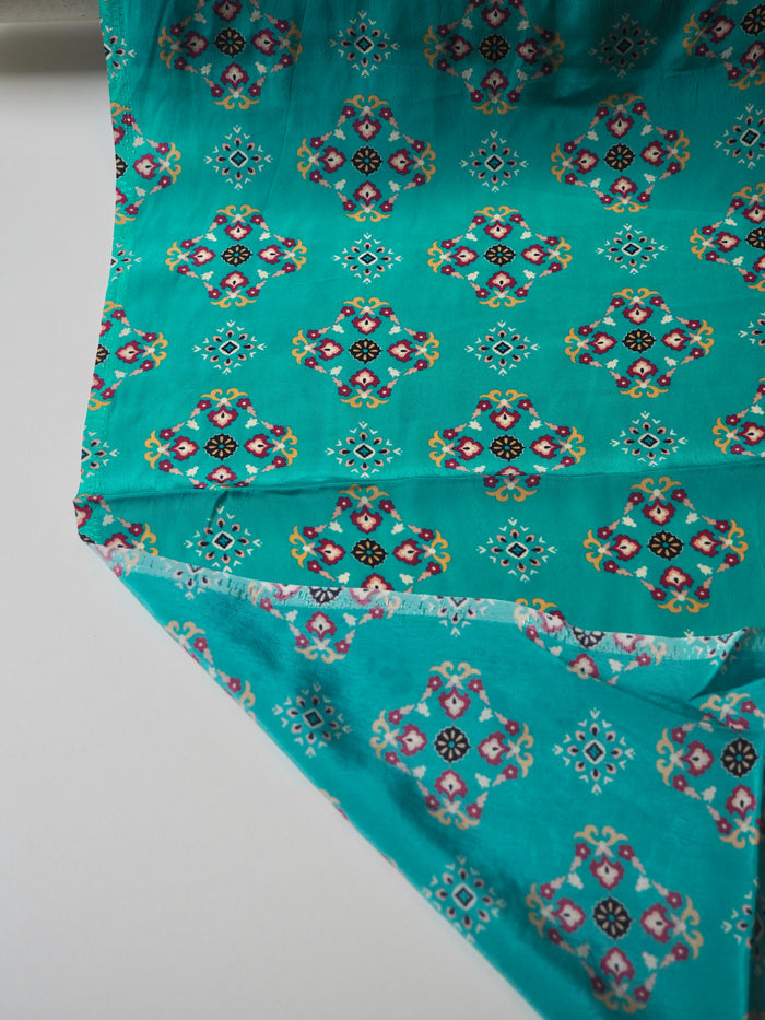 Turquoise Geometric Viscose Crepe De Chine