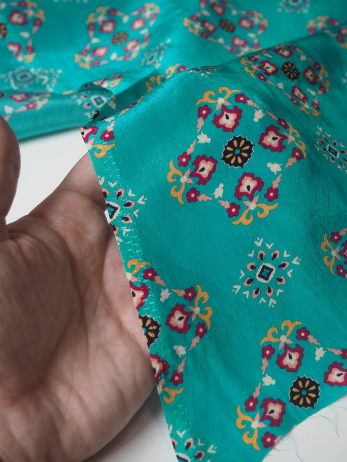 Turquoise Geometric Viscose Crepe De Chine