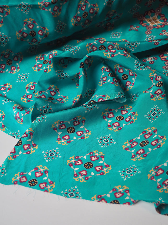 Turquoise Geometric Viscose Crepe De Chine