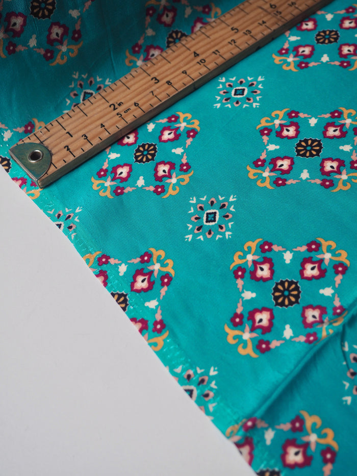 Turquoise Geometric Viscose Crepe De Chine