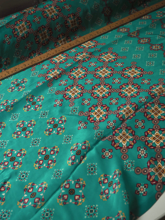 Turquoise Geometric Viscose Crepe De Chine