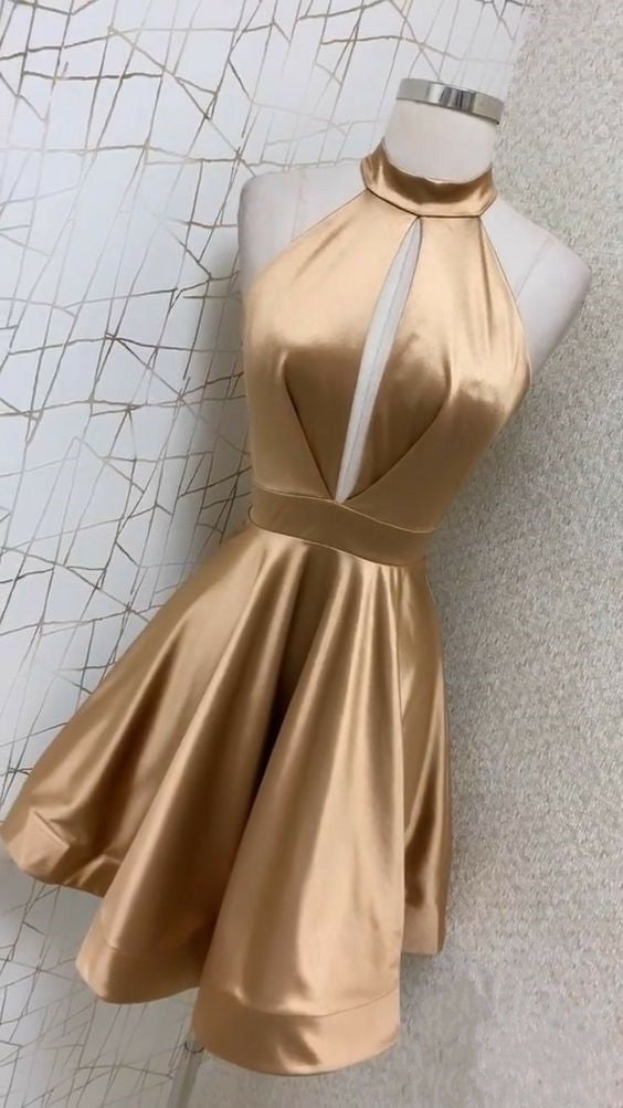 Unique Homecoming Dress 2023 Short Halter Neck Hollow Satin