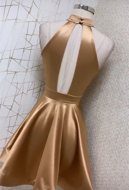 Unique Homecoming Dress 2023 Short Halter Neck Hollow Satin