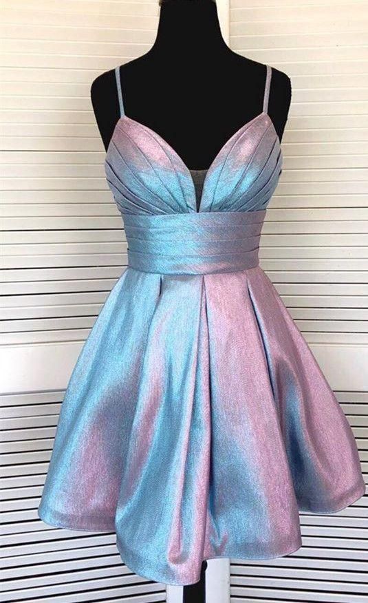 Unique Homecoming Dress 2023 Short Spaghetti Straps Ruched Glitter