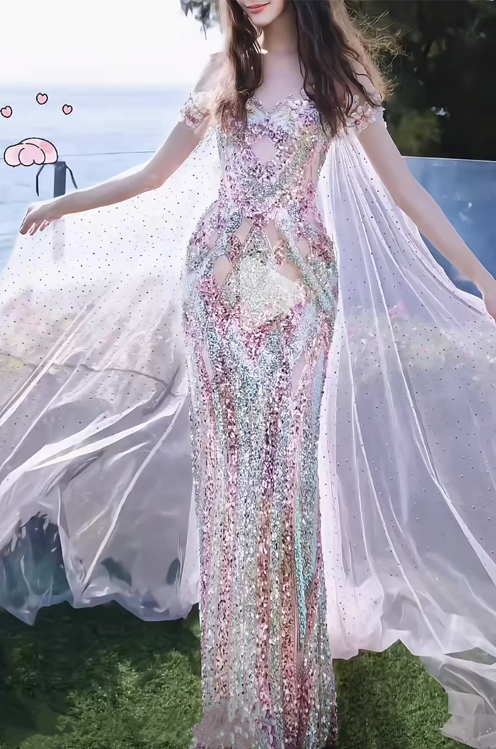 Unique Sequin Prom Dress 2025 with Off-the-shoulder Sparkly Cape