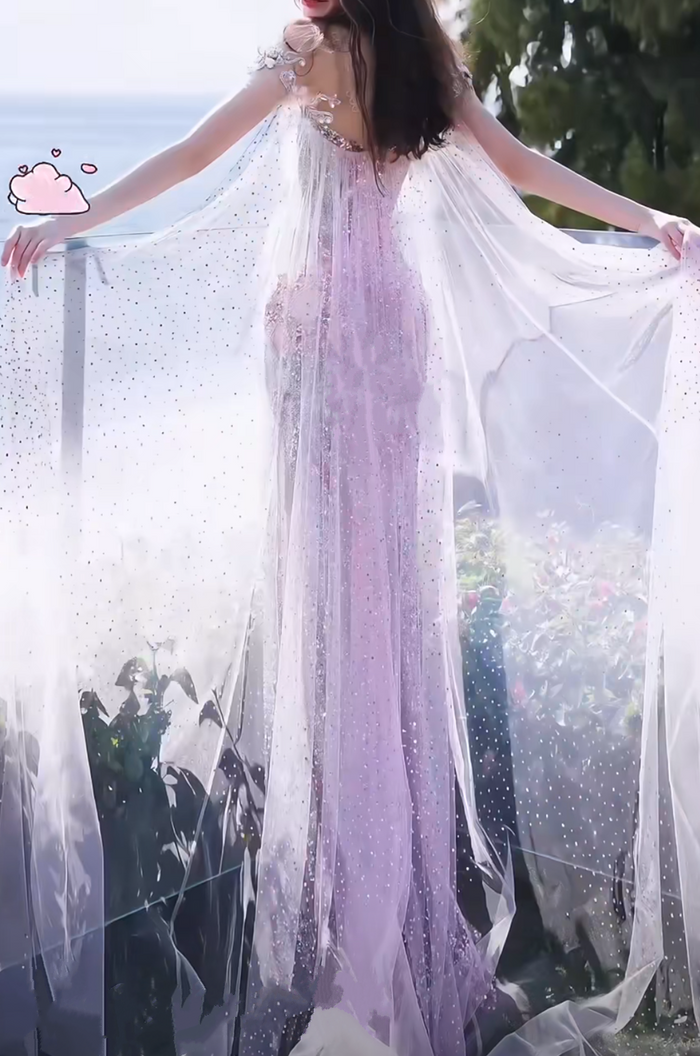 Unique Sequin Prom Dress 2025 with Off-the-shoulder Sparkly Cape