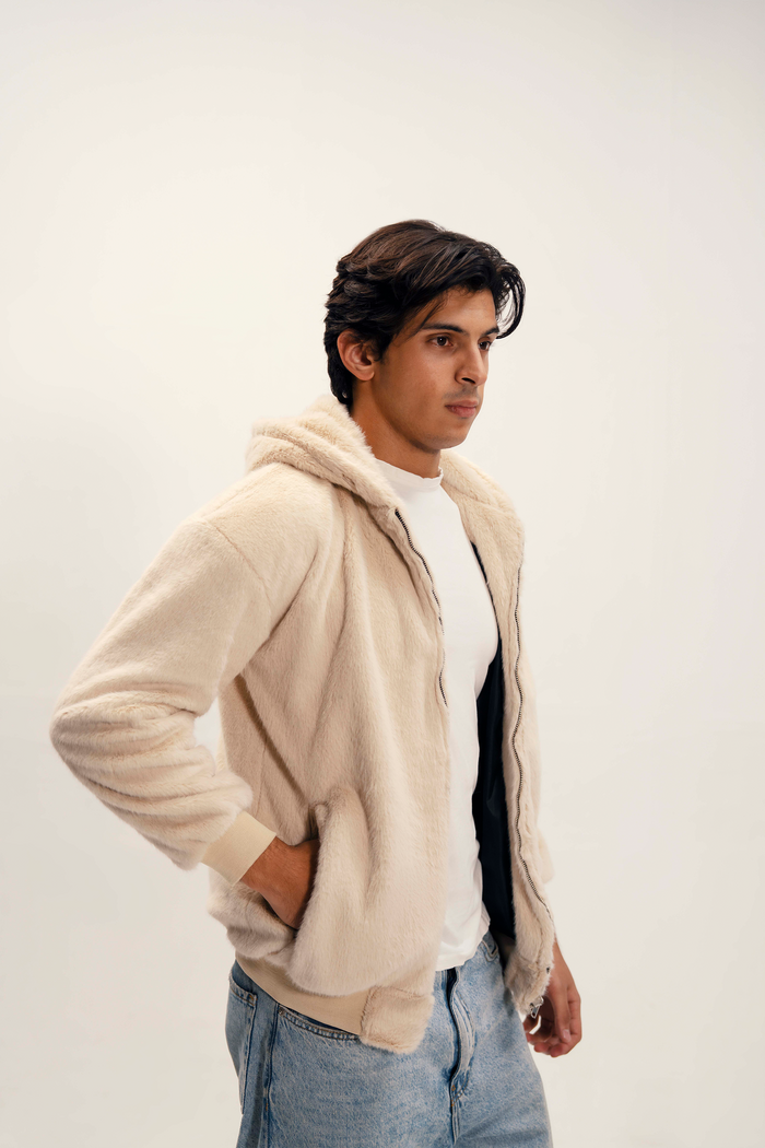 Unisex Oversized Fur Hoodie (Cream)