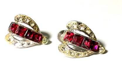 Vampy Red Rhinestone Clip Earrings circa 1950s