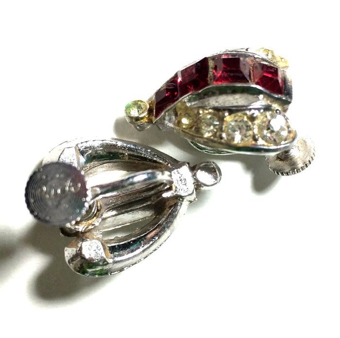 Vampy Red Rhinestone Clip Earrings circa 1950s