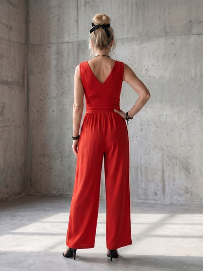 Vincenza | Deep V Waist Defined Wide Leg Jumpsuit
