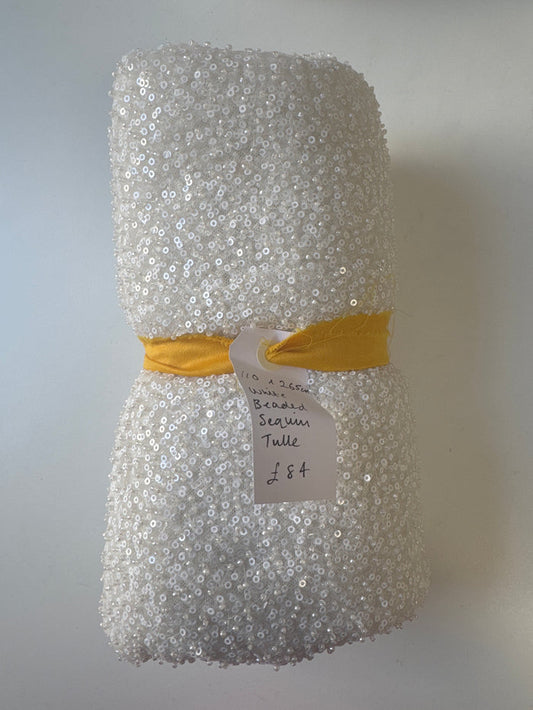 White Beaded Sequin Tulle Remnant