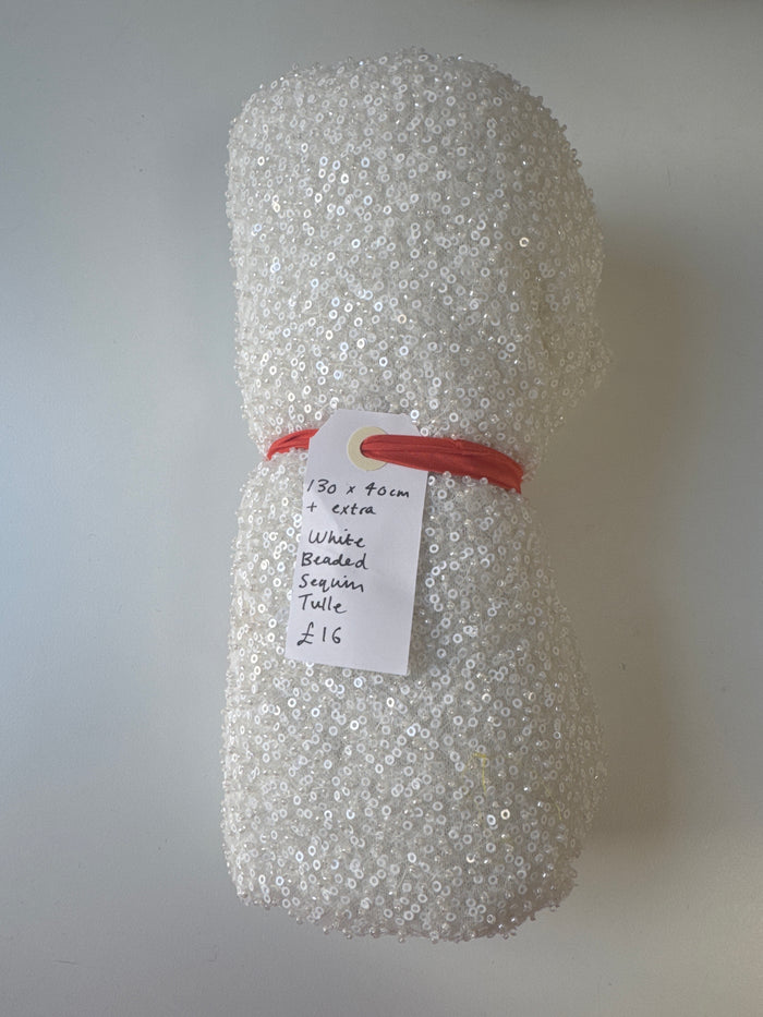 White Beaded Sequin Tulle Remnant