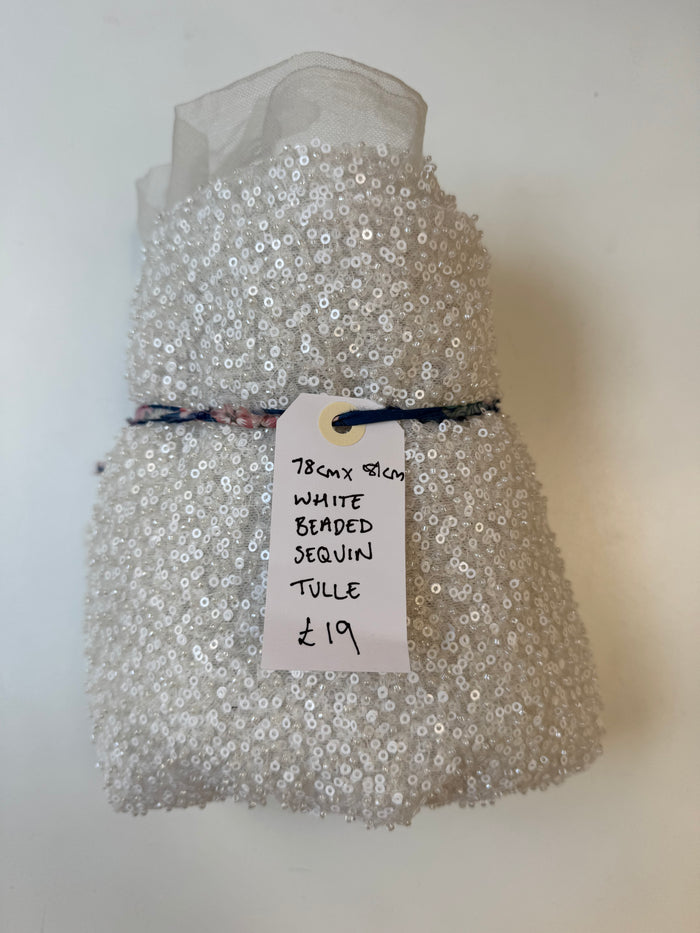 White Beaded Sequin Tulle Remnant