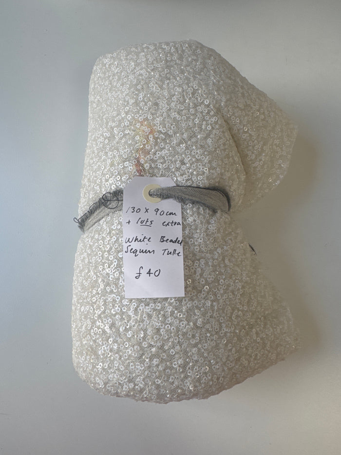 White Beaded Sequin Tulle Remnant