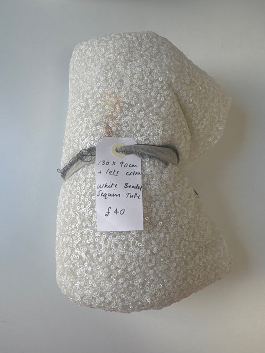 White Beaded Sequin Tulle Remnant
