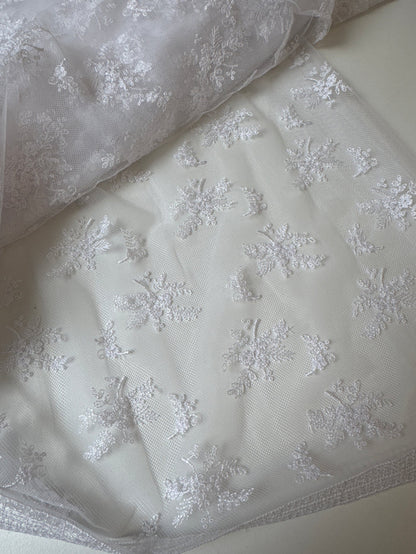 White Floral Branch Embroidered Lace Remnant