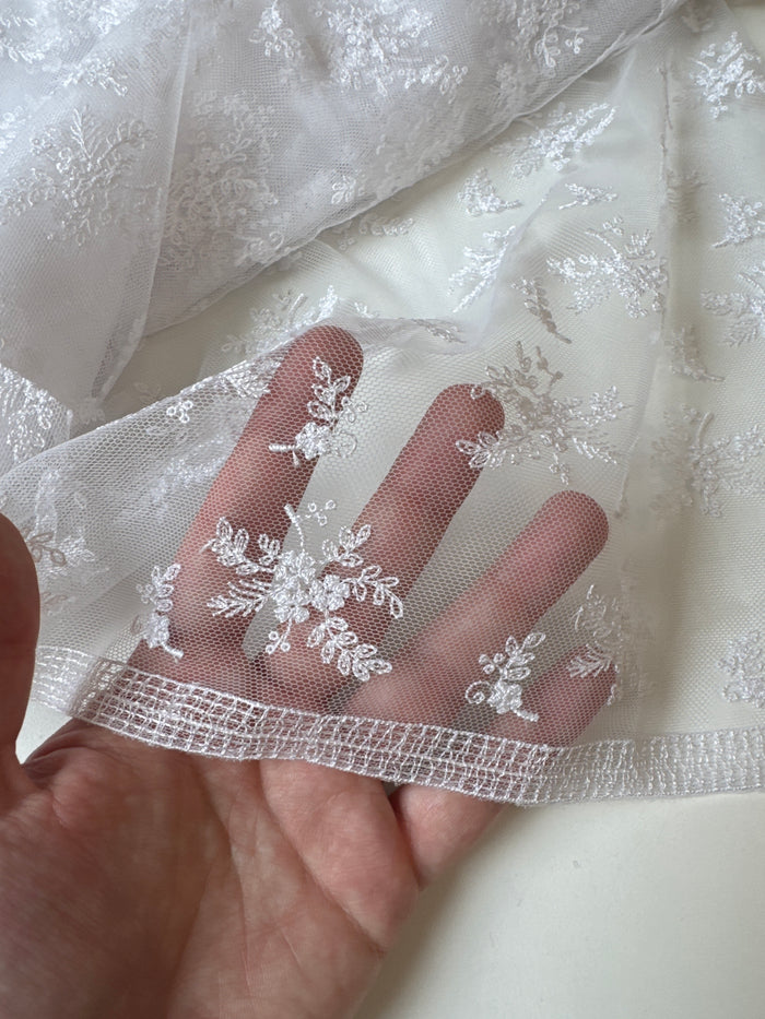 White Floral Branch Embroidered Lace Remnant