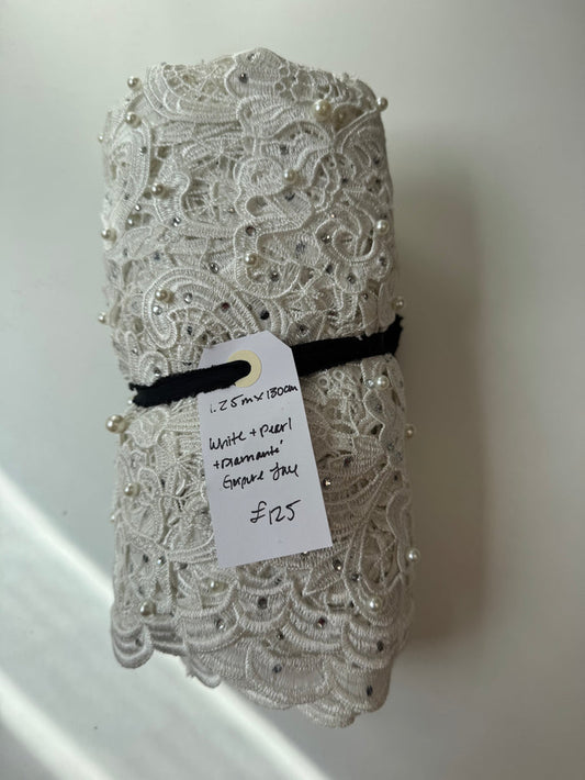White Pearl Diamanté Guipure Lace Remnant