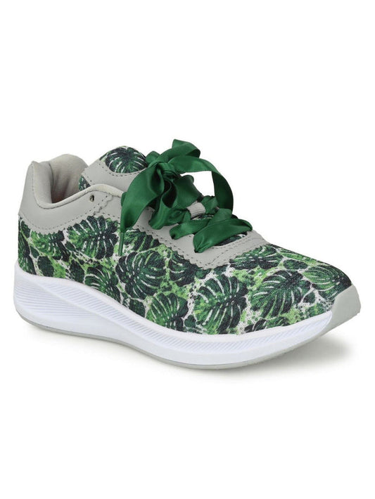 Women Printed Green Mesh Fitness Lace-Up Sports Shoes (HRLWF13GRN)