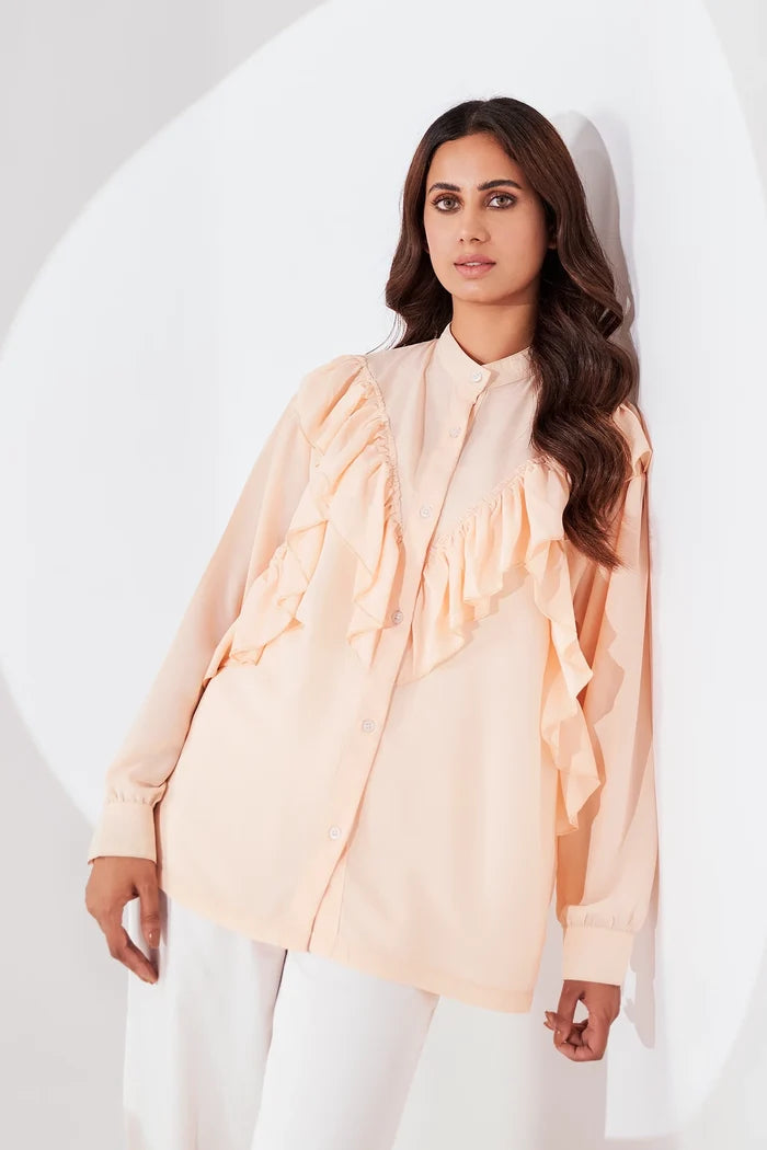 Women's Button Up Ruffle Blouse Pink
