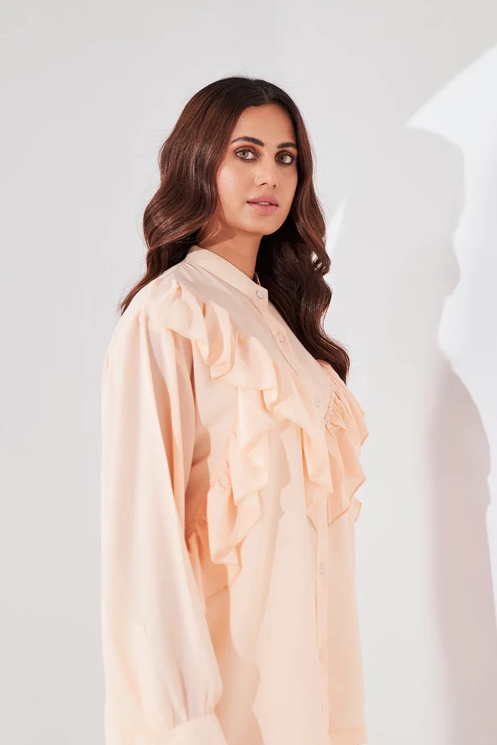 Women's Button Up Ruffle Blouse Pink