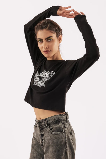 Women's Full Sleeve Crop Tee Black