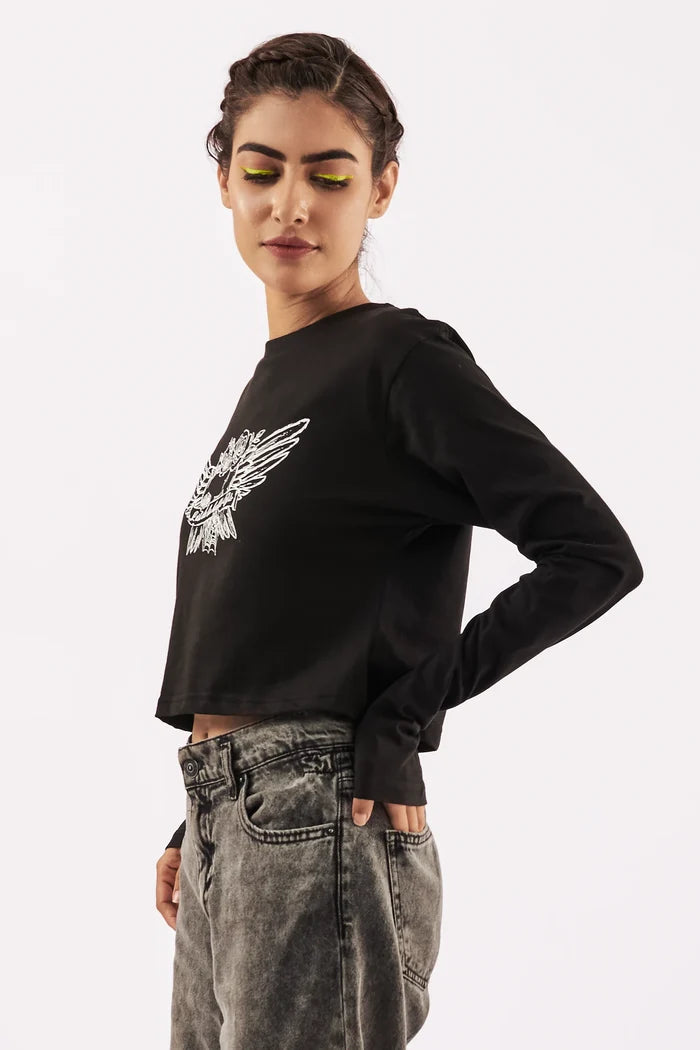 Women's Full Sleeve Crop Tee Black